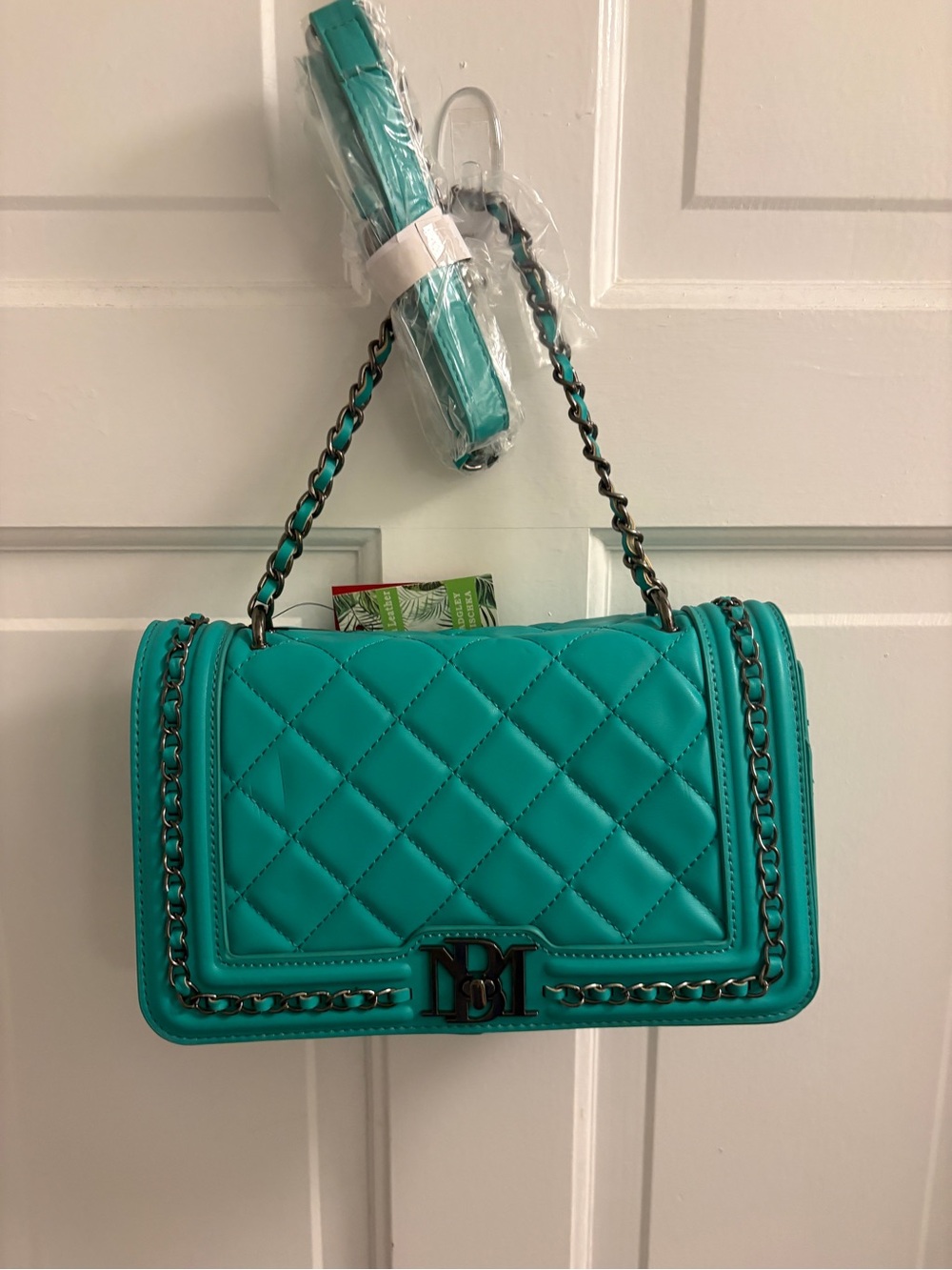 NWT Badgley Mischka Quilted Turquoise Chain-Trim Shoulder Bag Vegan Leather